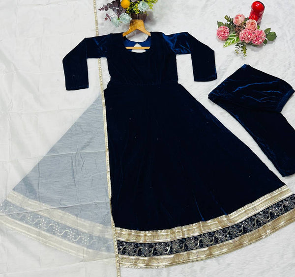 Blue Premium Viscos Velvet Embroidered Straight-Cut Anarkali Suit Set with Sanderi Silk Dupatta – Full-Sleeve Designer Ethnic Wear for Women ClothsVilla