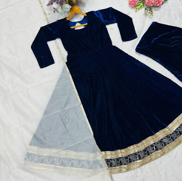 Blue Premium Viscos Velvet Embroidered Straight-Cut Anarkali Suit Set with Sanderi Silk Dupatta – Full-Sleeve Designer Ethnic Wear for Women ClothsVilla