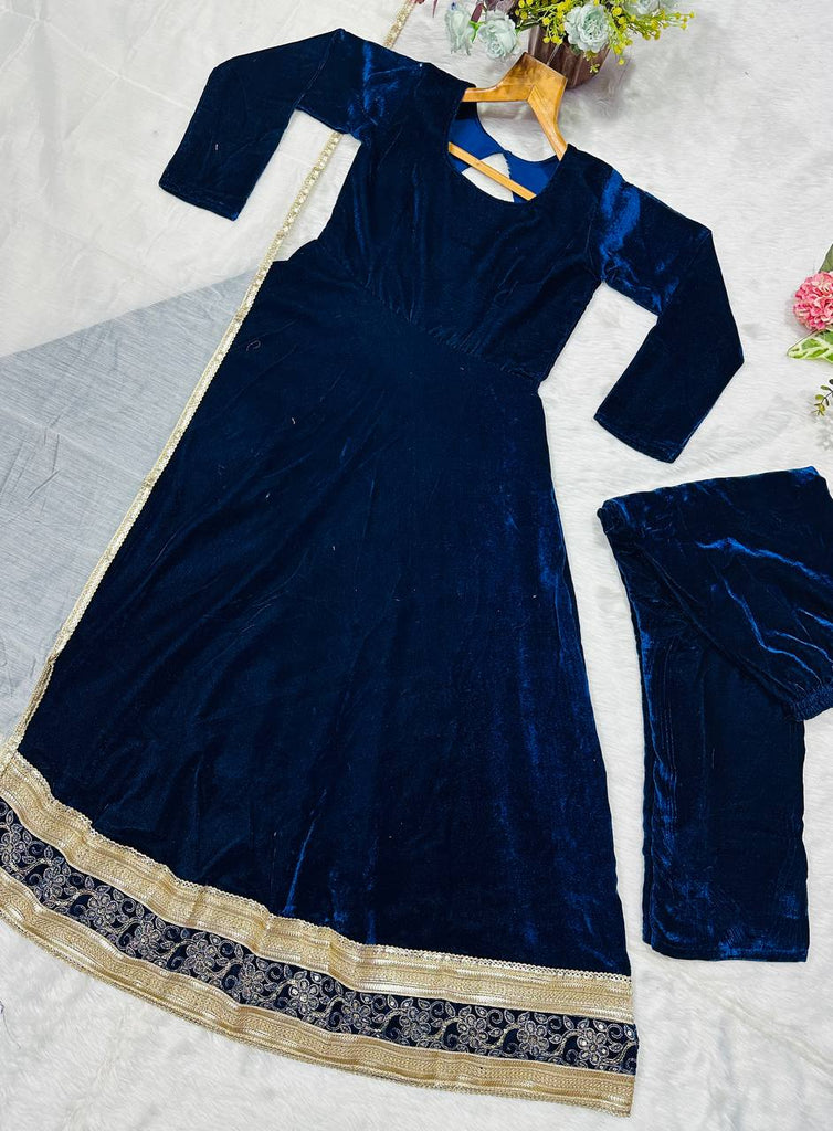 Blue Premium Viscos Velvet Embroidered Straight-Cut Anarkali Suit Set with Sanderi Silk Dupatta – Full-Sleeve Designer Ethnic Wear for Women ClothsVilla