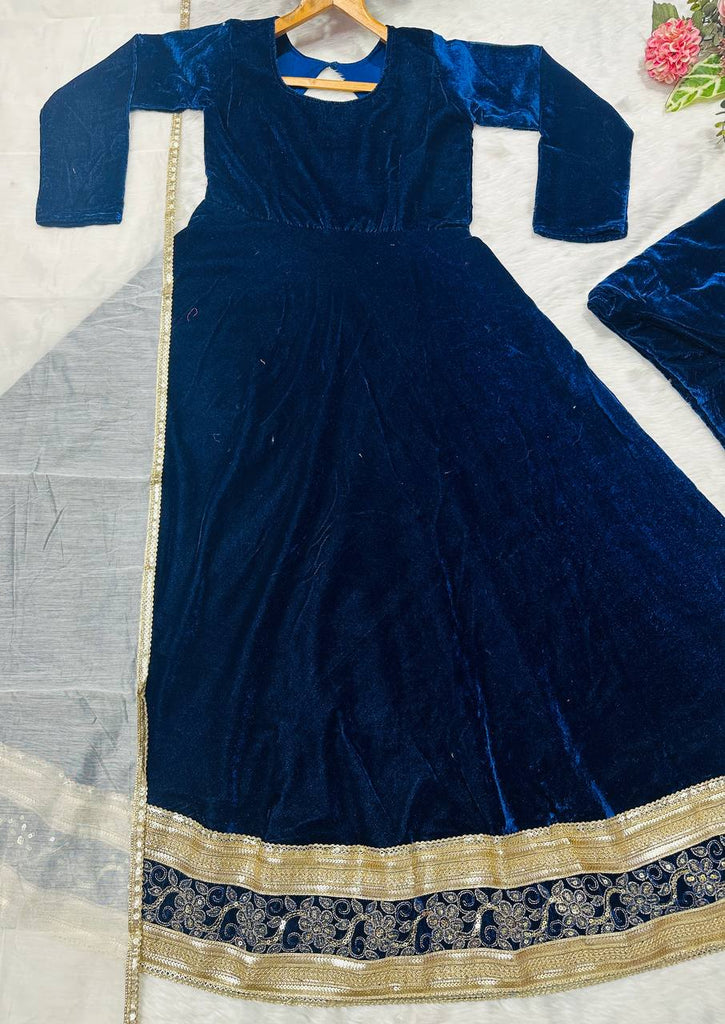 Blue Premium Viscos Velvet Embroidered Straight-Cut Anarkali Suit Set with Sanderi Silk Dupatta – Full-Sleeve Designer Ethnic Wear for Women ClothsVilla