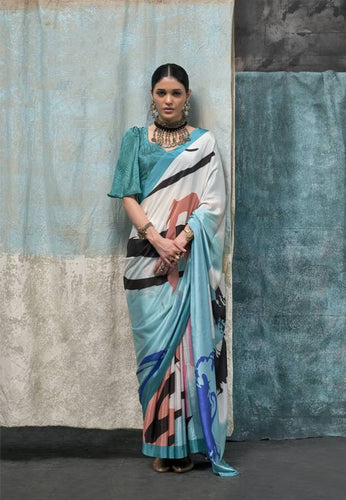 Blue Printed Chanderi Crepe Saree with Unstitched Blouse ClothsVilla