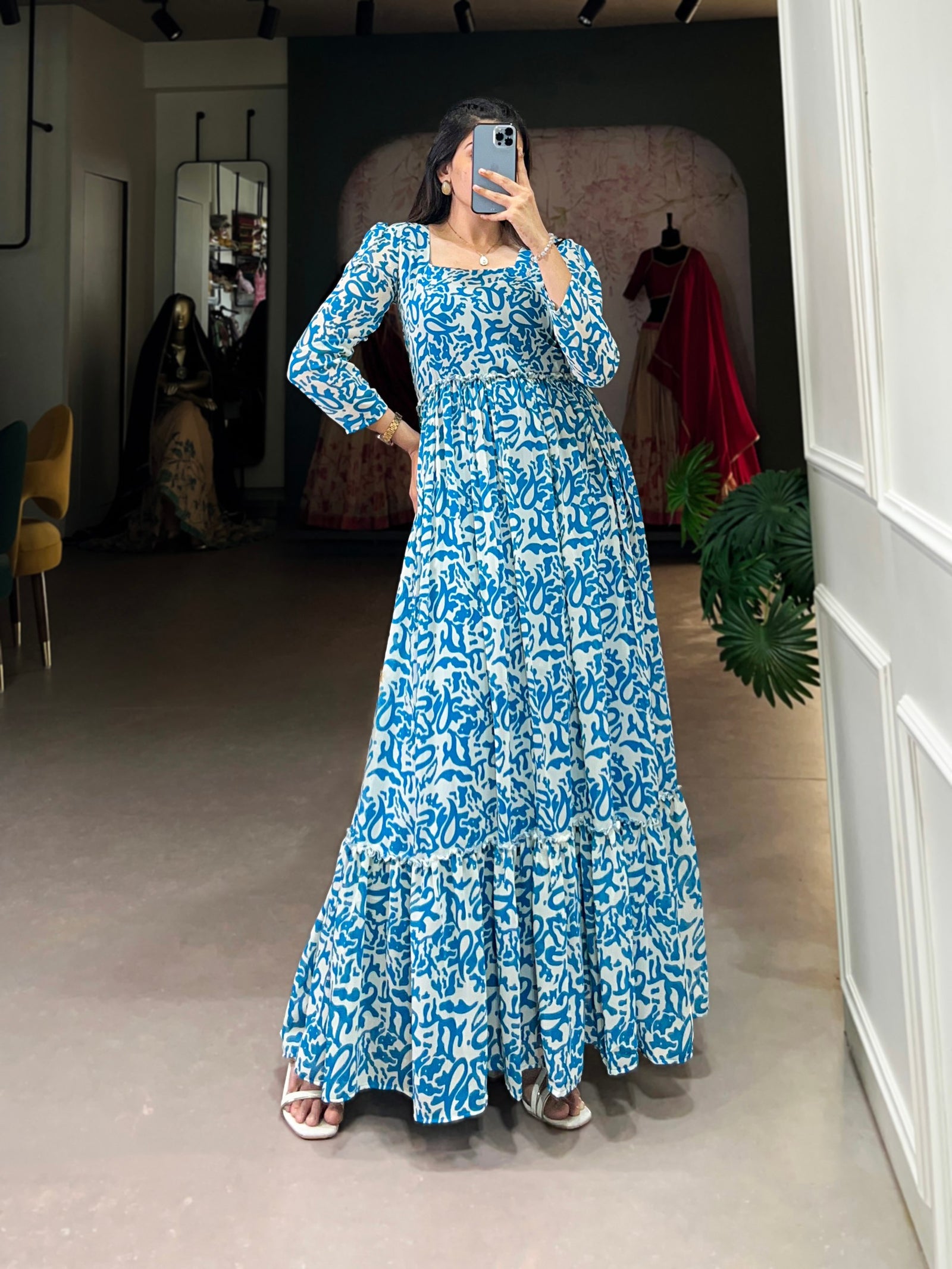 Blue Printed Georgette Flowy Gown with Full Cotton Lining – Lightweight Elegance