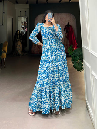 Blue Printed Georgette Flowy Gown with Full Cotton Lining – Lightweight Elegance
