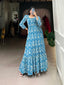 Blue Printed Georgette Flowy Gown with Full Cotton Lining – Lightweight Elegance