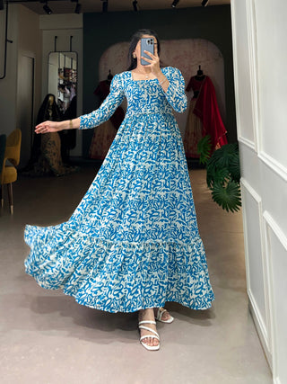 Blue Printed Georgette Flowy Gown with Full Cotton Lining – Lightweight Elegance