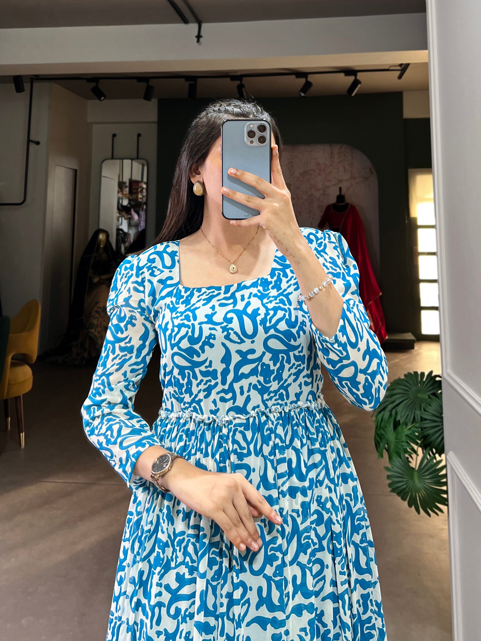 Blue Printed Georgette Flowy Gown with Full Cotton Lining – Lightweight Elegance