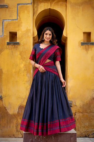 Blue Pure Chanderi Thread Work Lehenga Choli Set with Matching Dupatta – 4 Meter Flair, Stitched Lehenga & Unstitched Blouse ClothsVilla