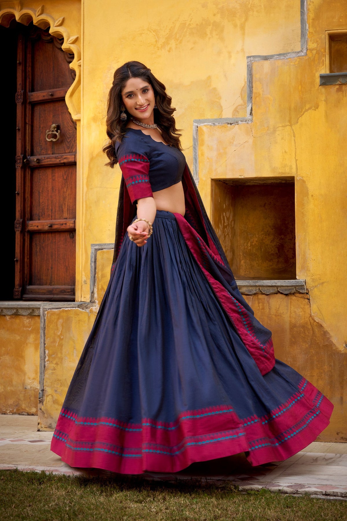 Blue Pure Chanderi Thread Work Lehenga Choli Set with Matching Dupatta – 4 Meter Flair, Stitched Lehenga & Unstitched Blouse ClothsVilla