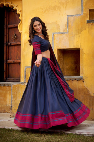 Blue Pure Chanderi Thread Work Lehenga Choli Set with Matching Dupatta – 4 Meter Flair, Stitched Lehenga & Unstitched Blouse ClothsVilla