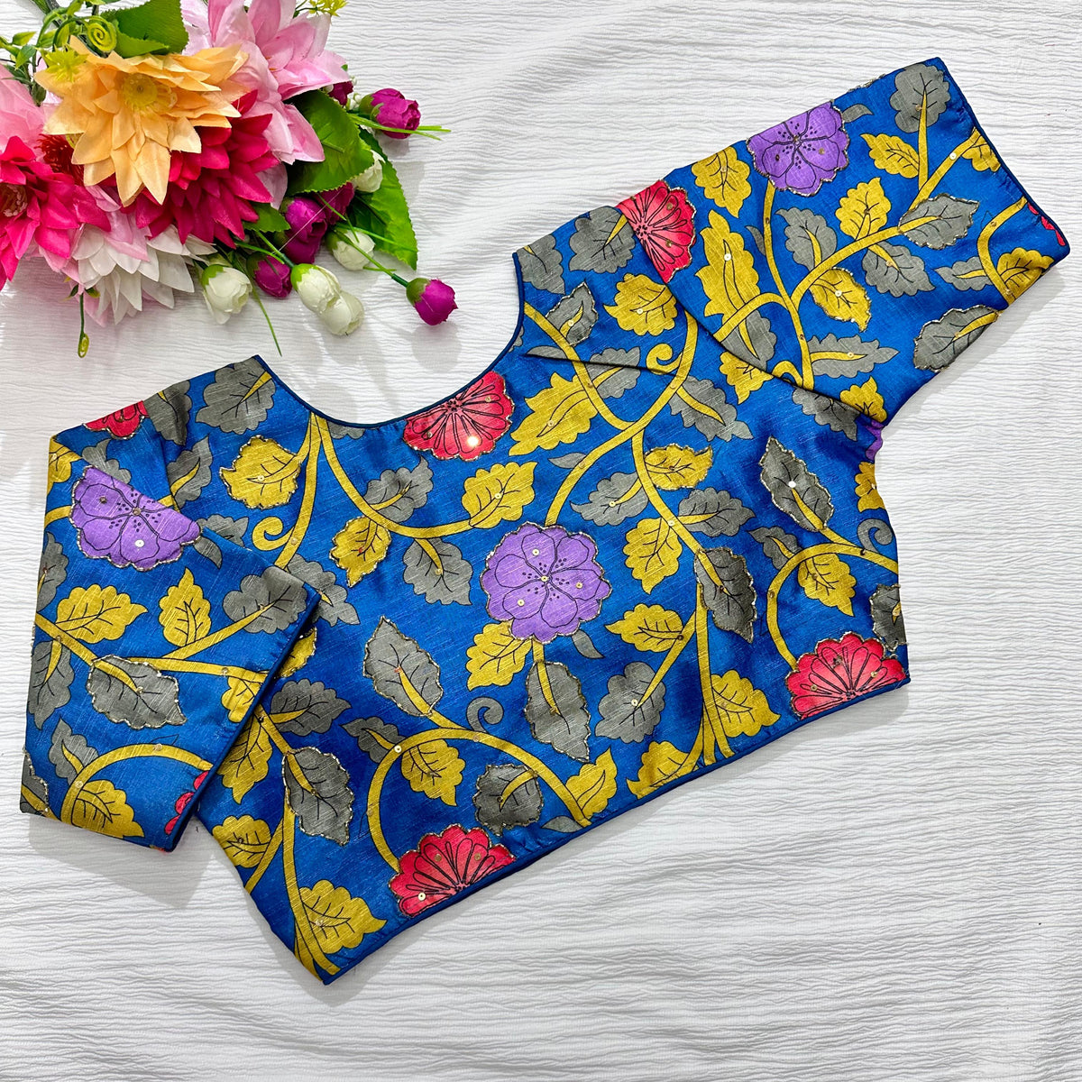 Blue Pure Silk Blouse with Antique Handcrafted Detailing ClothsVilla Main image