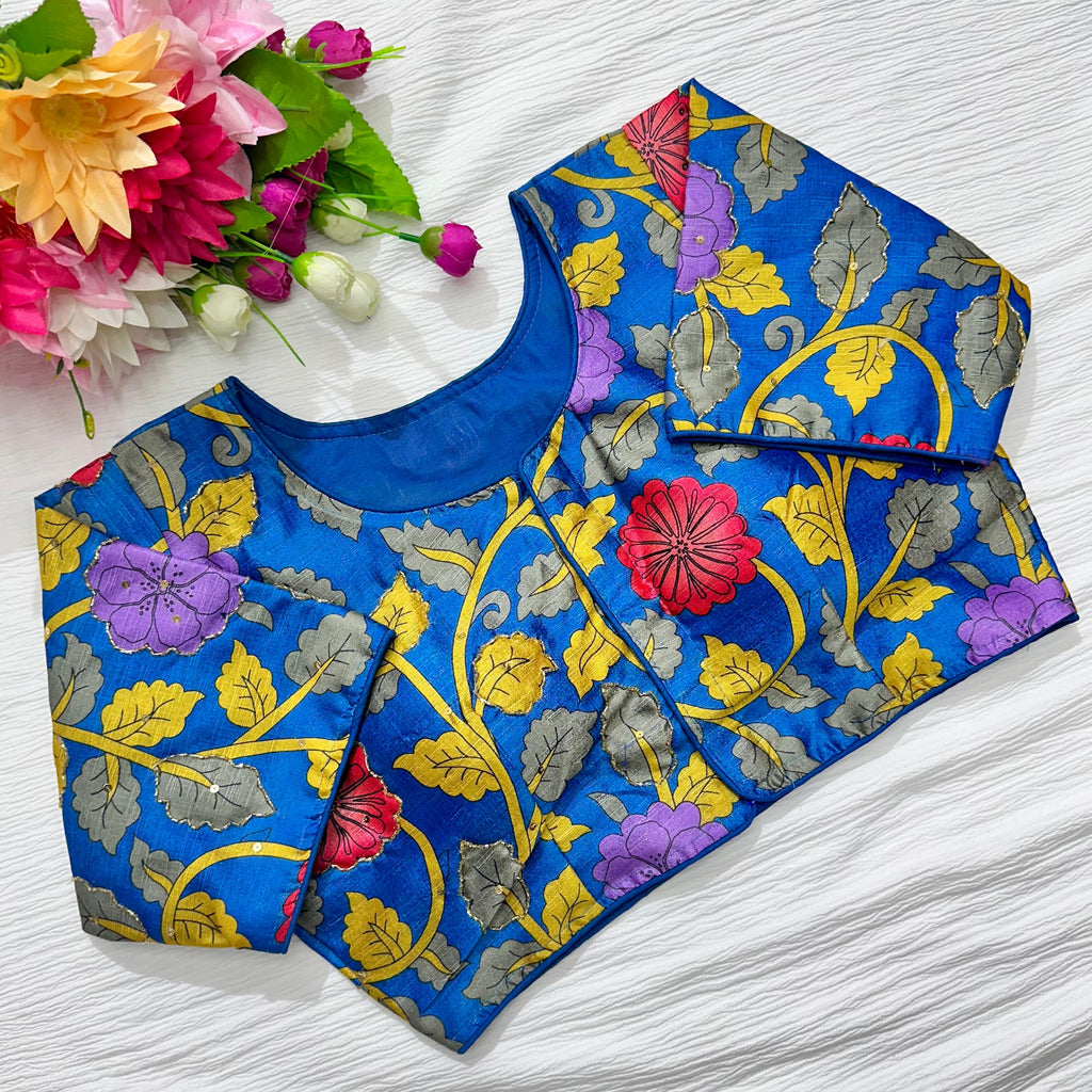 Blue Pure Silk Blouse with Antique Handcrafted Detailing ClothsVilla