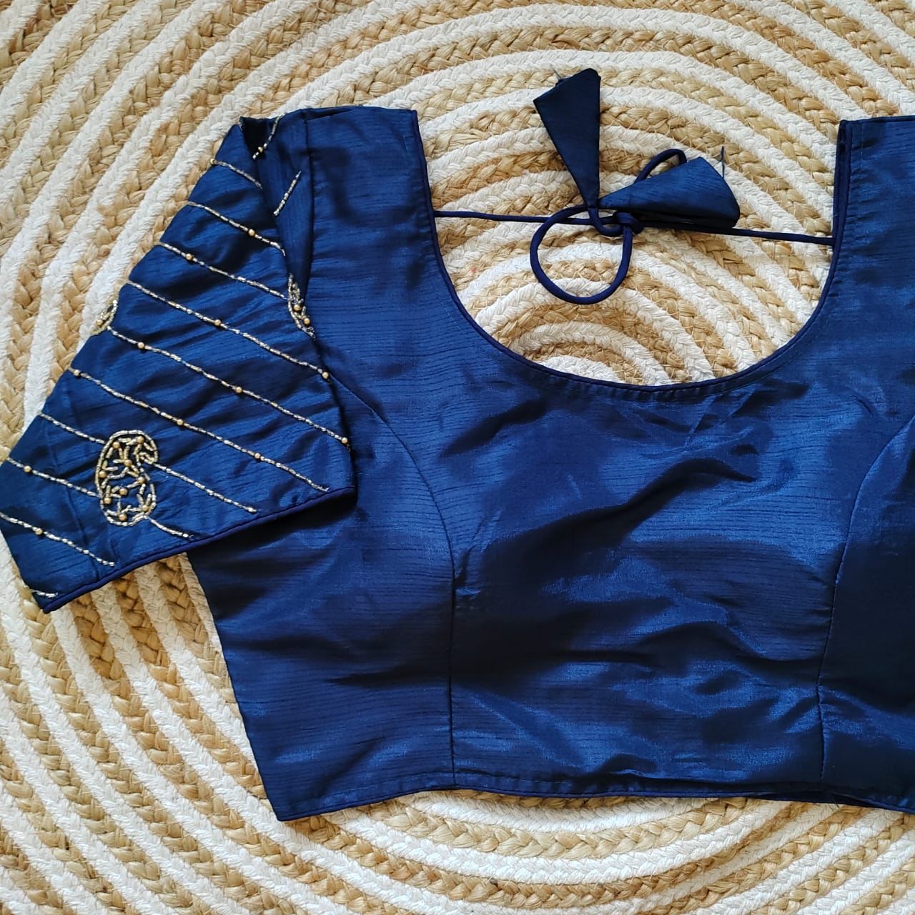 Blue Pure Silk Blouse with Handcrafted Sleeves and Back Opening ClothsVilla