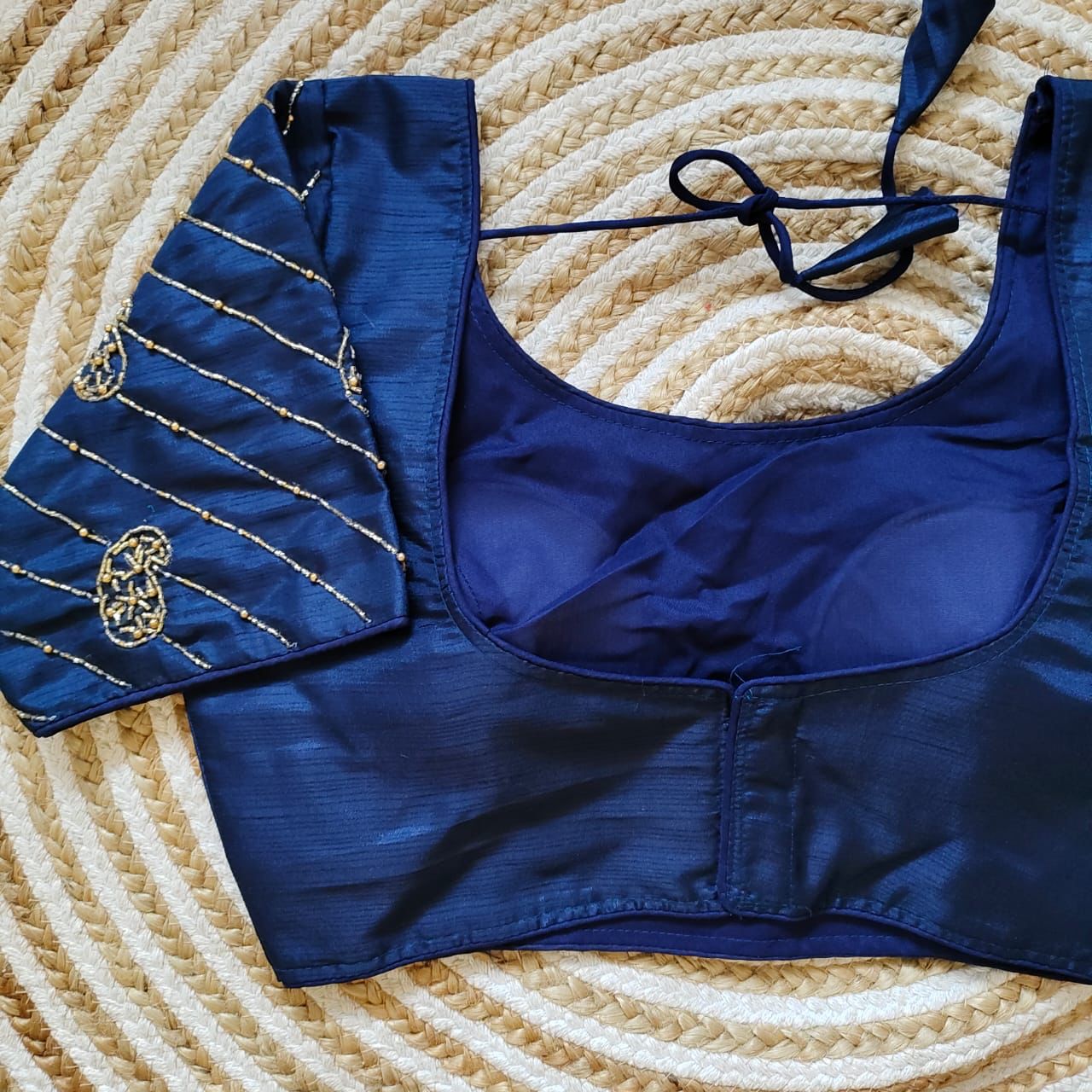 Blue Pure Silk Blouse with Handcrafted Sleeves and Back Opening ClothsVilla