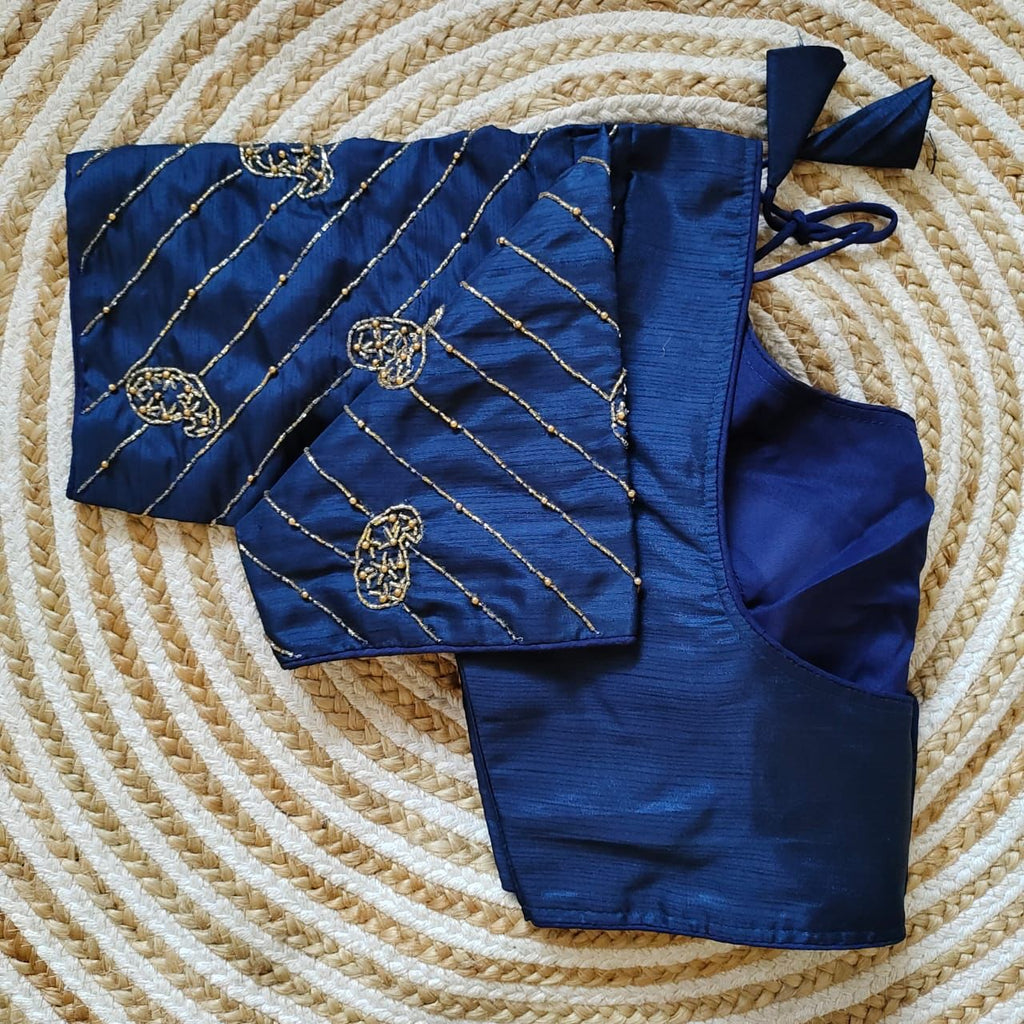 Blue Pure Silk Blouse with Handcrafted Sleeves and Back Opening ClothsVilla