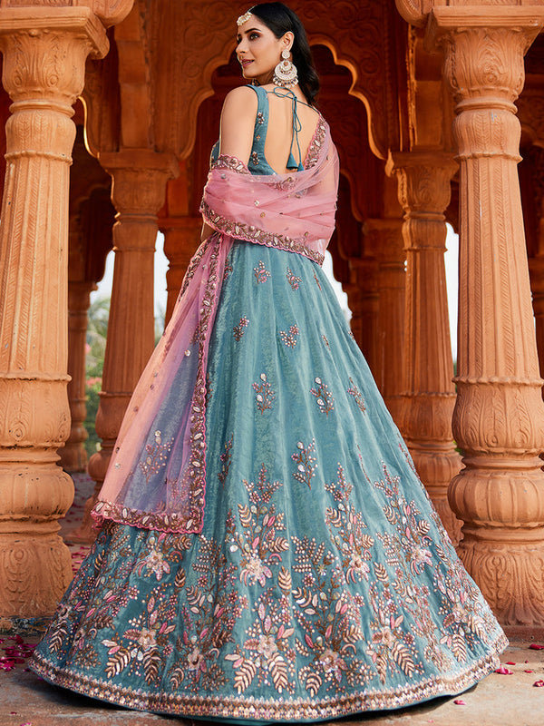 Blue Pure Tissue Semi-Stitched Lehenga Choli Set with Zarkan ClothsVilla