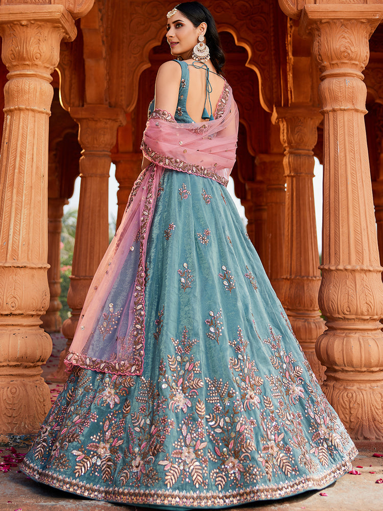 Blue Pure Tissue Semi-Stitched Lehenga Choli Set with Zarkan ClothsVilla
