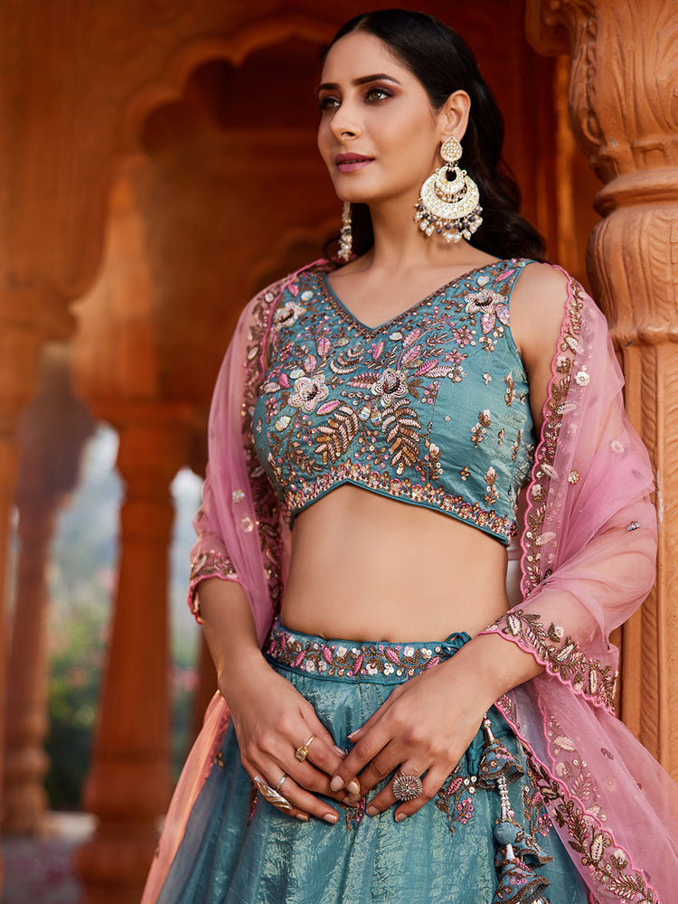 Blue Pure Tissue Semi-Stitched Lehenga Choli Set with Zarkan ClothsVilla