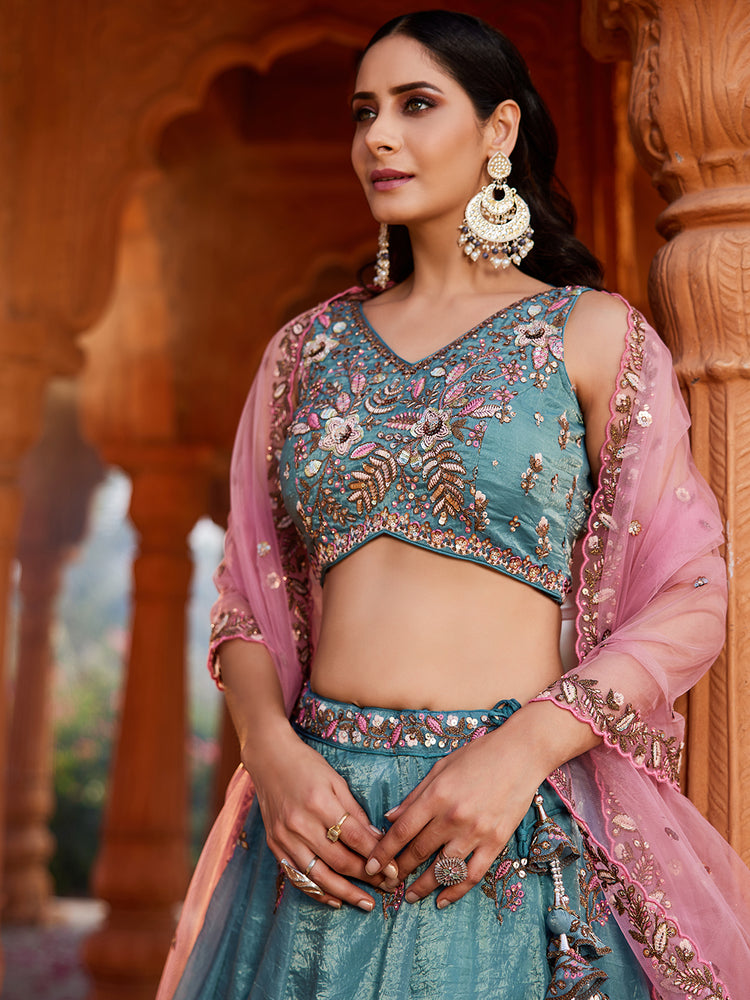 Blue Pure Tissue Semi-Stitched Lehenga Choli Set with Zarkan ClothsVilla