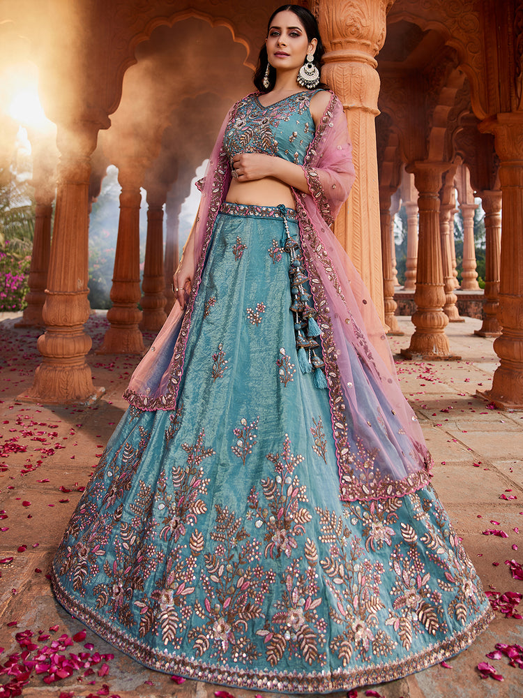 Blue Pure Tissue Semi-Stitched Lehenga Choli Set with Zarkan ClothsVilla