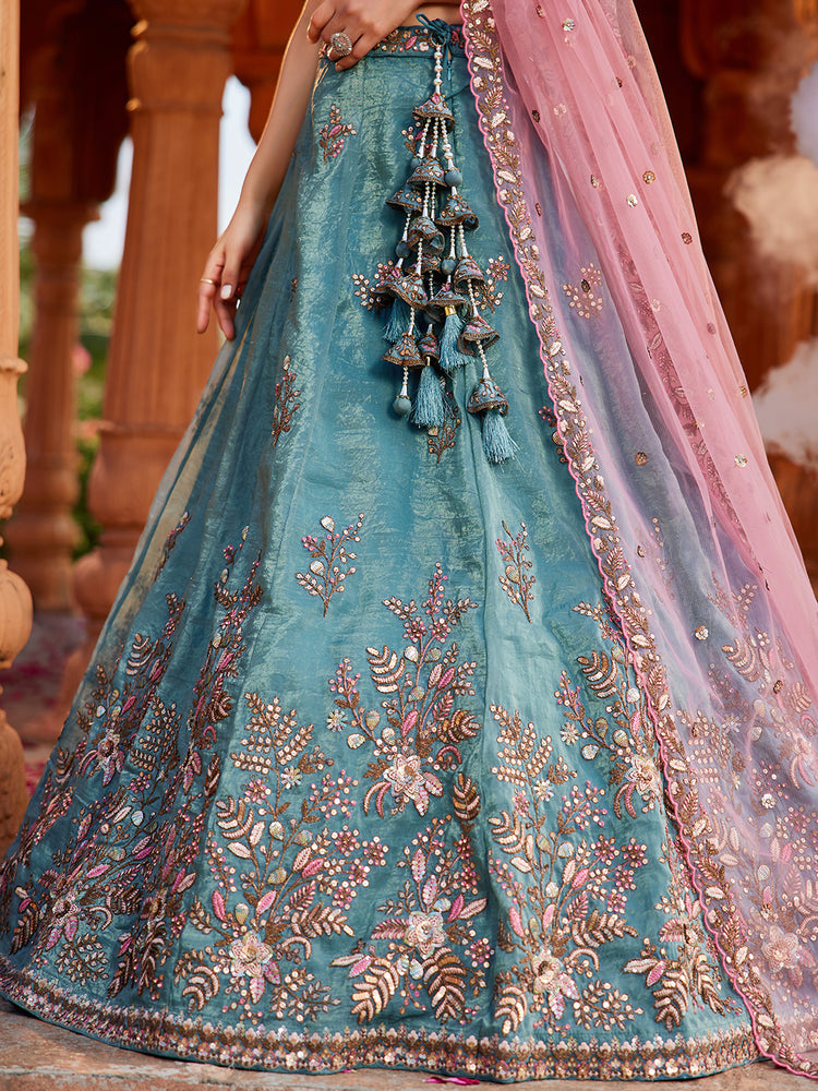 Blue Pure Tissue Semi-Stitched Lehenga Choli Set with Zarkan ClothsVilla