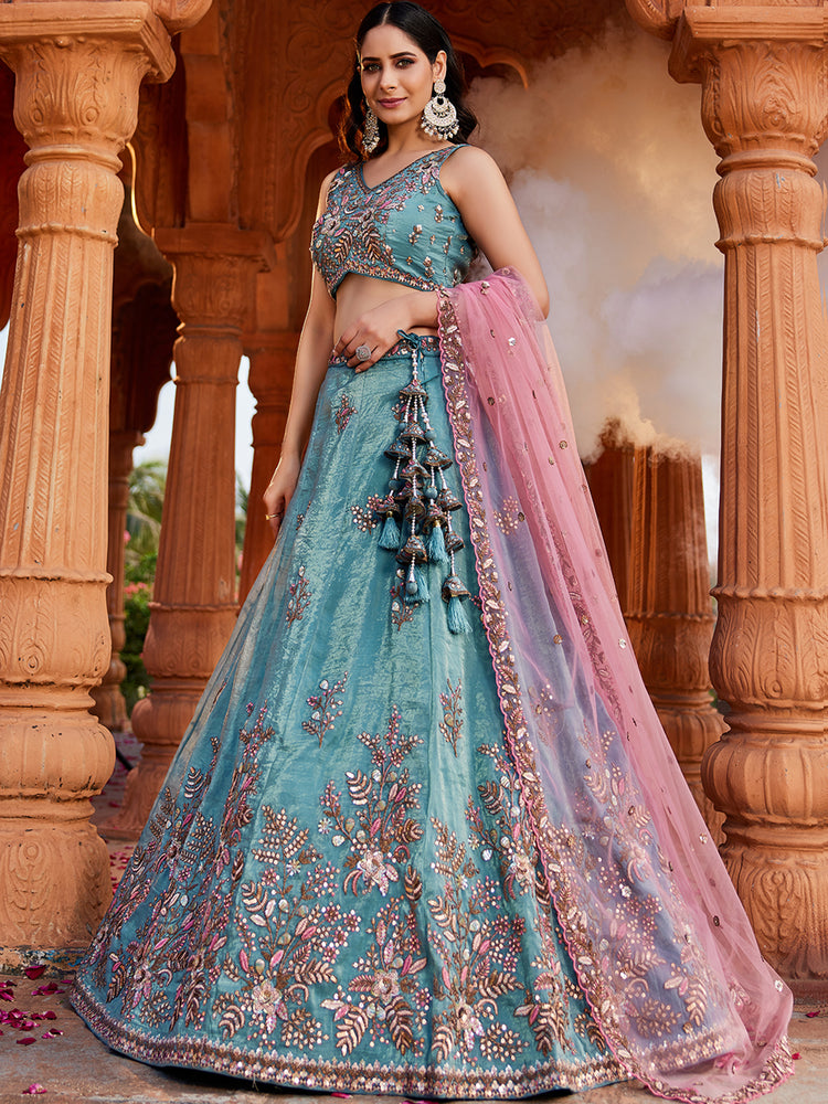 Blue Pure Tissue Semi-Stitched Lehenga Choli Set with Zarkan ClothsVilla