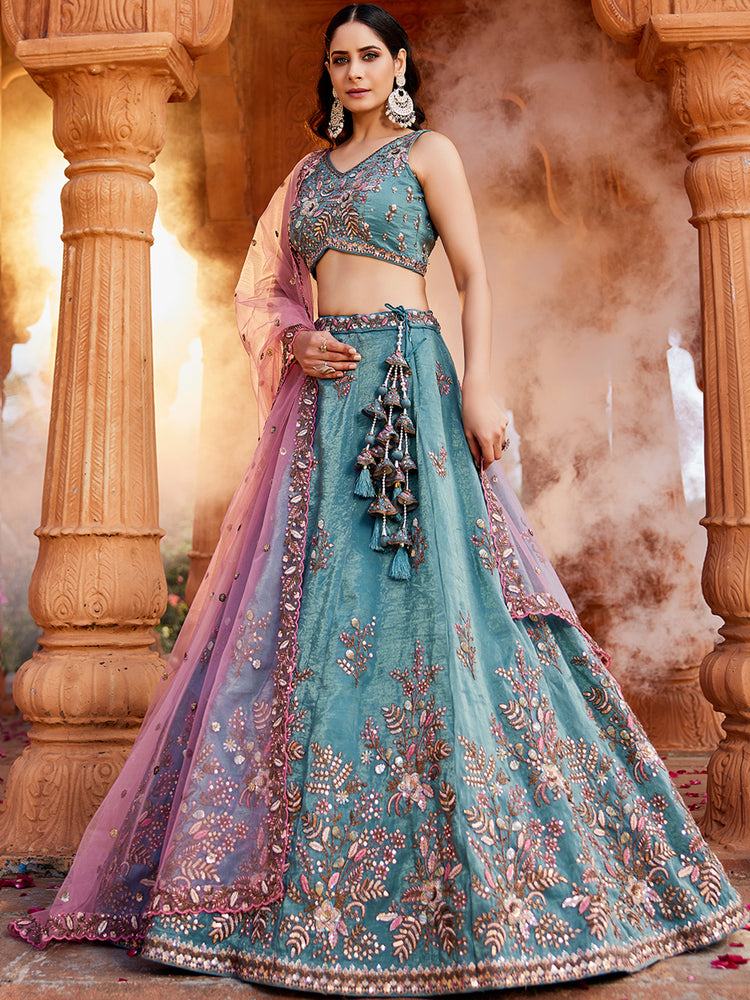 Blue Pure Tissue Semi-Stitched Lehenga Choli Set with Zarkan ClothsVilla
