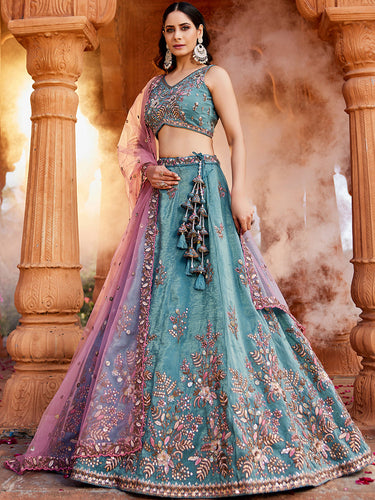 Blue Pure Tissue Semi-Stitched Lehenga Choli Set with Zarkan ClothsVilla