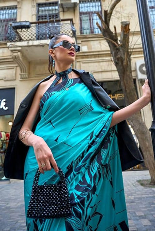 Blue Queen Digital Printed Satin Crepe Saree with Blouse Piece – Festive & Partywear ClothsVilla
