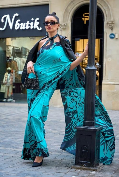 Blue Queen Digital Printed Satin Crepe Saree with Blouse Piece – Festive & Partywear ClothsVilla Main image