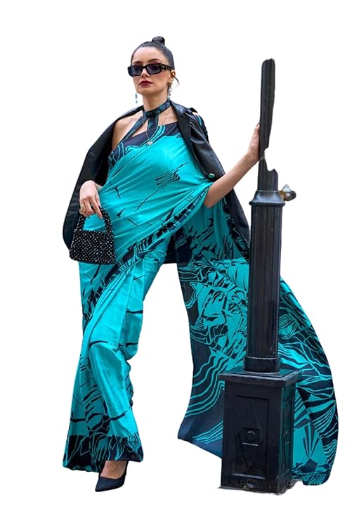 Blue Queen Digital Printed Satin Crepe Saree with Blouse Piece – Festive & Partywear ClothsVilla