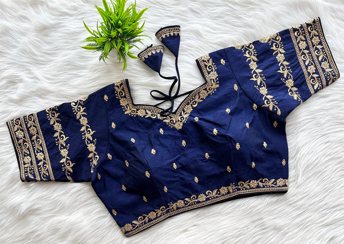 Blue Rajbhog Silk Embroidered Blouse with Handcrafted Detailing ClothsVilla Main image