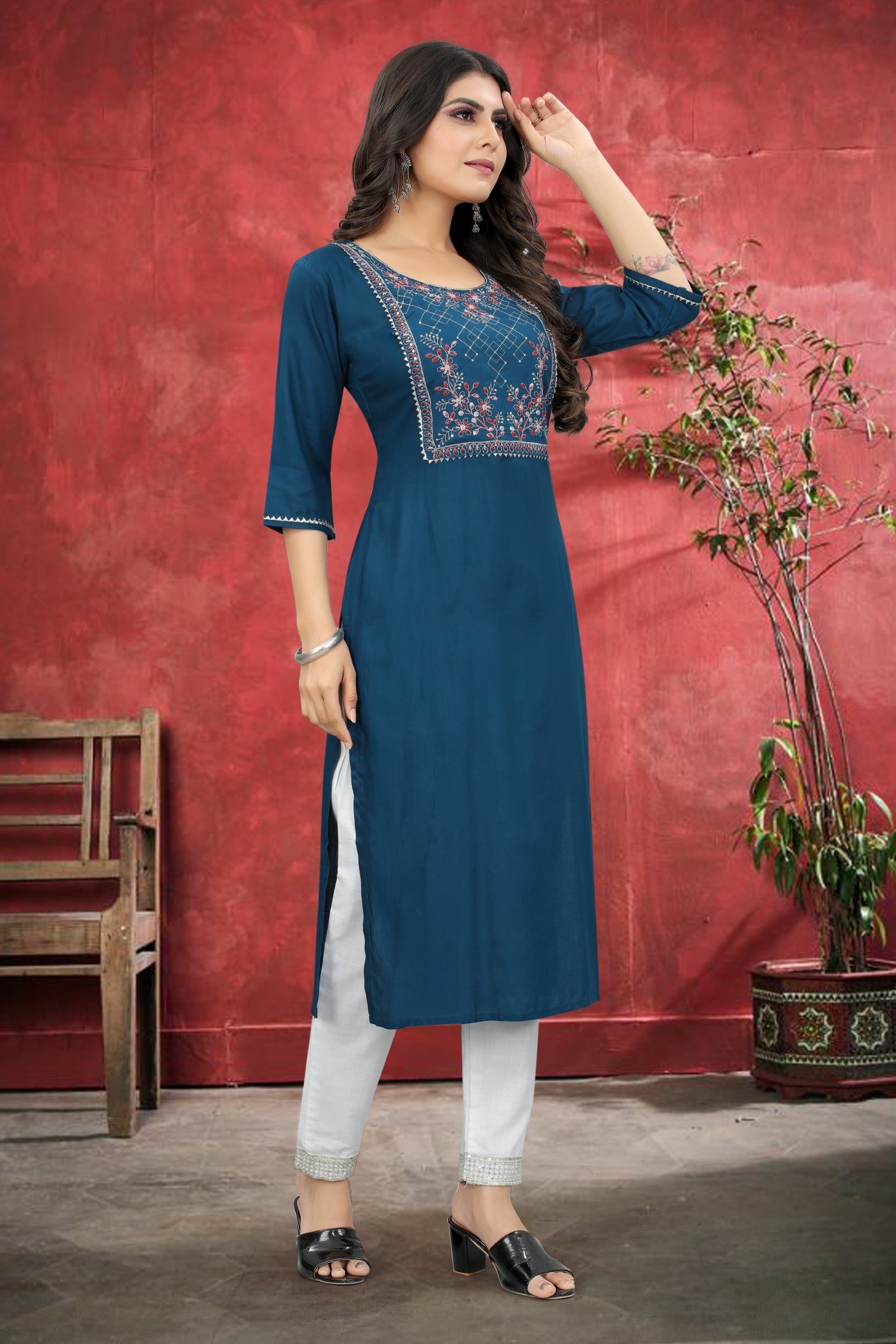 Blue Rayon Kurta Set With Pant ClothsVilla