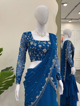 Blue Ready-to-Wear Designer Lehenga Saree – Elegant Thread & Sequin Work