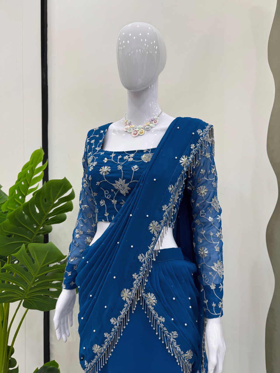 Blue Ready-to-Wear Designer Lehenga Saree – Elegant Thread & Sequin Work