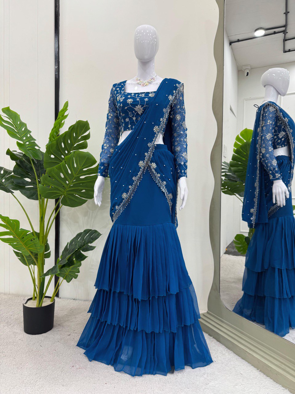 Blue Ready-to-Wear Designer Lehenga Saree – Elegant Thread & Sequin Work