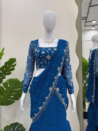 Blue Ready-to-Wear Designer Lehenga Saree – Elegant Thread & Sequin Work