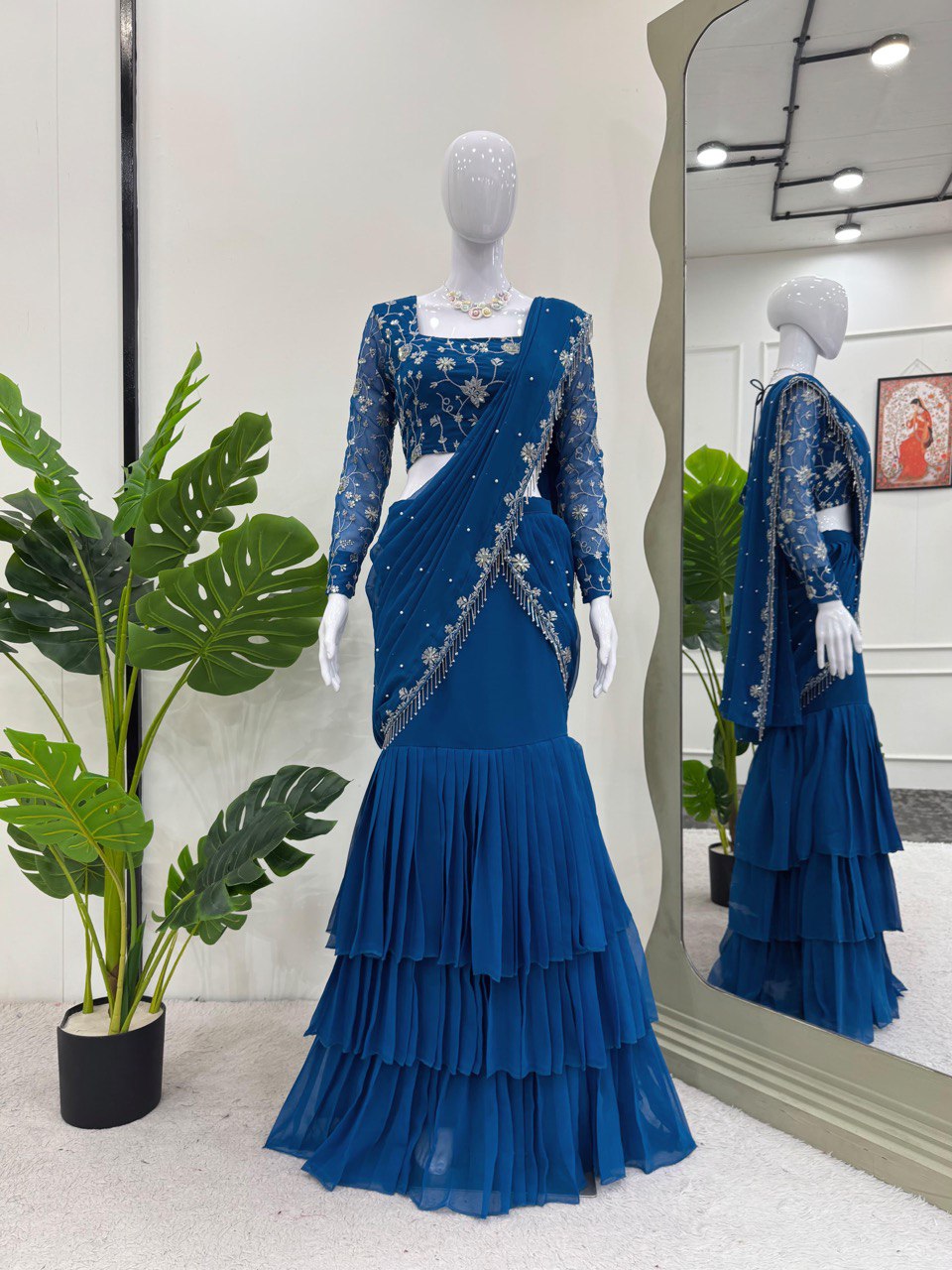 Blue Ready-to-Wear Designer Lehenga Saree – Elegant Thread & Sequin Work