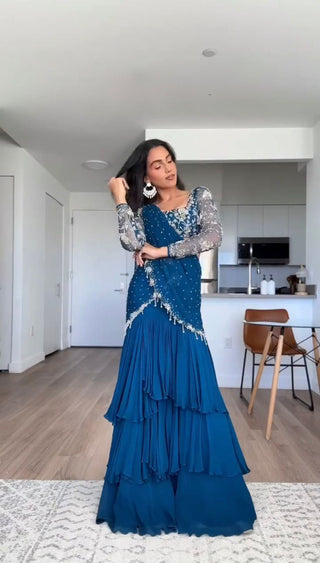 Blue Ready-to-Wear Designer Lehenga Saree – Elegant Thread & Sequin Work
