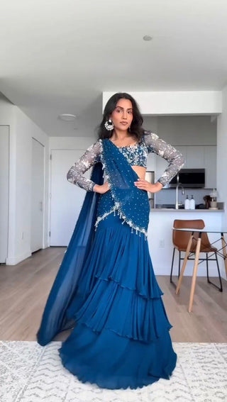Blue Ready-to-Wear Designer Lehenga Saree – Elegant Thread & Sequin Work