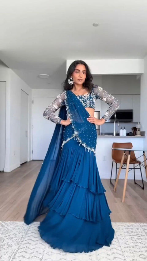 Blue Ready-to-Wear Designer Lehenga Saree – Elegant Thread & Sequin Work Main image