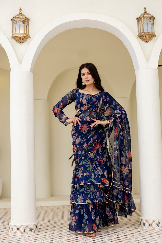 Blue Ready-to-Wear Georgette 3-Layer Ruffle Saree with Floral Digital Print & Lace Border  Stitched Blouse Included ClothsVilla