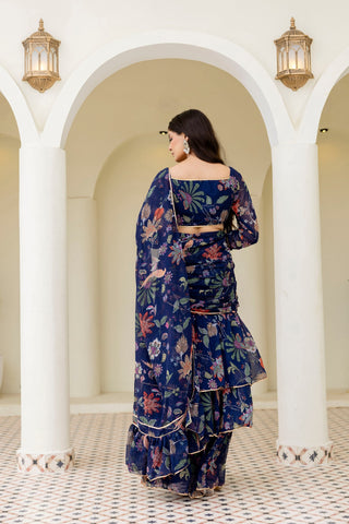 Blue Ready-to-Wear Georgette 3-Layer Ruffle Saree with Floral Digital Print & Lace Border  Stitched Blouse Included ClothsVilla