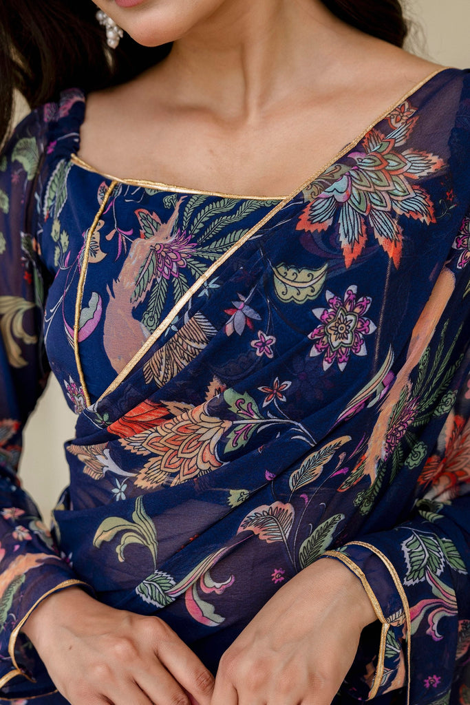 Blue Ready-to-Wear Georgette 3-Layer Ruffle Saree with Floral Digital Print & Lace Border  Stitched Blouse Included ClothsVilla