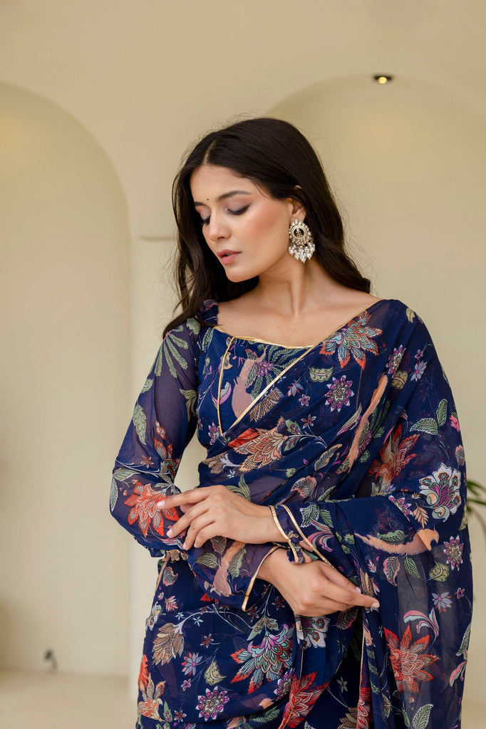 Blue Ready-to-Wear Georgette 3-Layer Ruffle Saree with Floral Digital Print & Lace Border  Stitched Blouse Included ClothsVilla