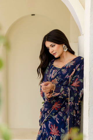 Blue Ready-to-Wear Georgette 3-Layer Ruffle Saree with Floral Digital Print & Lace Border  Stitched Blouse Included ClothsVilla