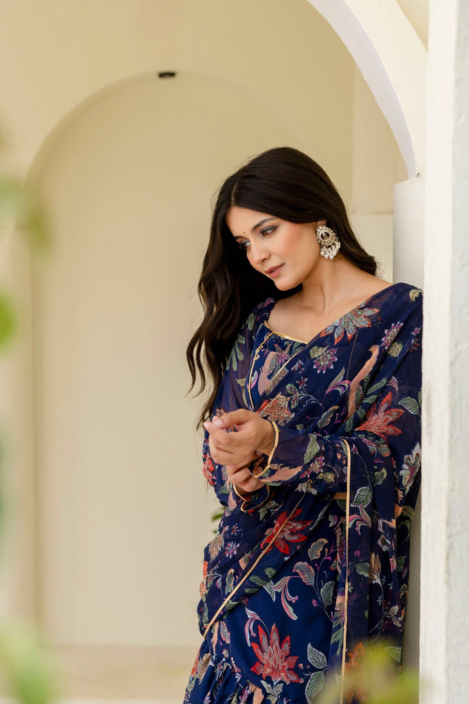Blue Ready-to-Wear Georgette 3-Layer Ruffle Saree with Floral Digital Print & Lace Border  Stitched Blouse Included ClothsVilla