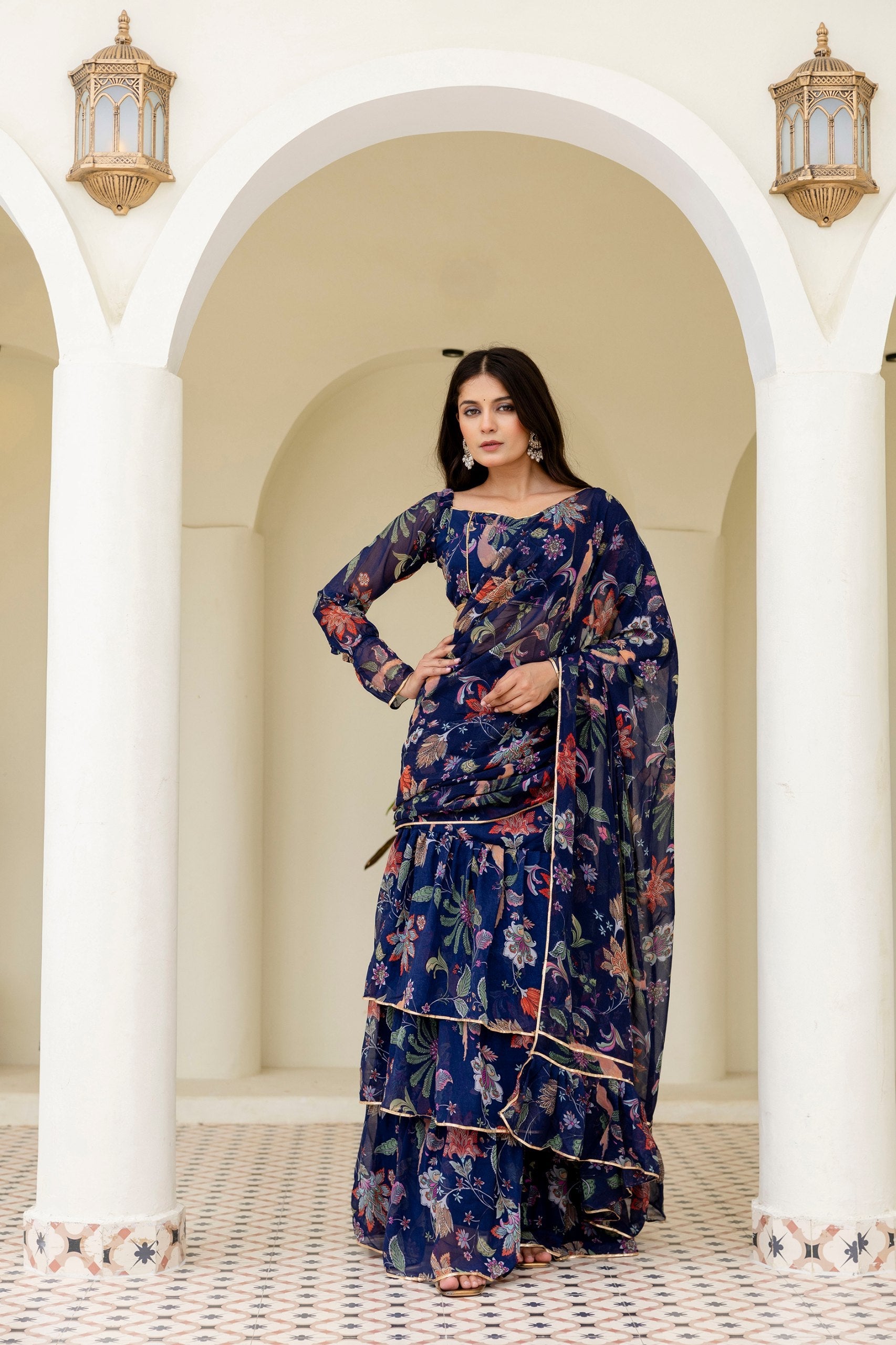 Blue Ready-to-Wear Georgette 3-Layer Ruffle Saree with Floral Digital Print & Lace Border  Stitched Blouse Included Secondary image