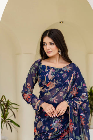 Blue Ready-to-Wear Georgette 3-Layer Ruffle Saree with Floral Digital Print & Lace Border  Stitched Blouse Included ClothsVilla