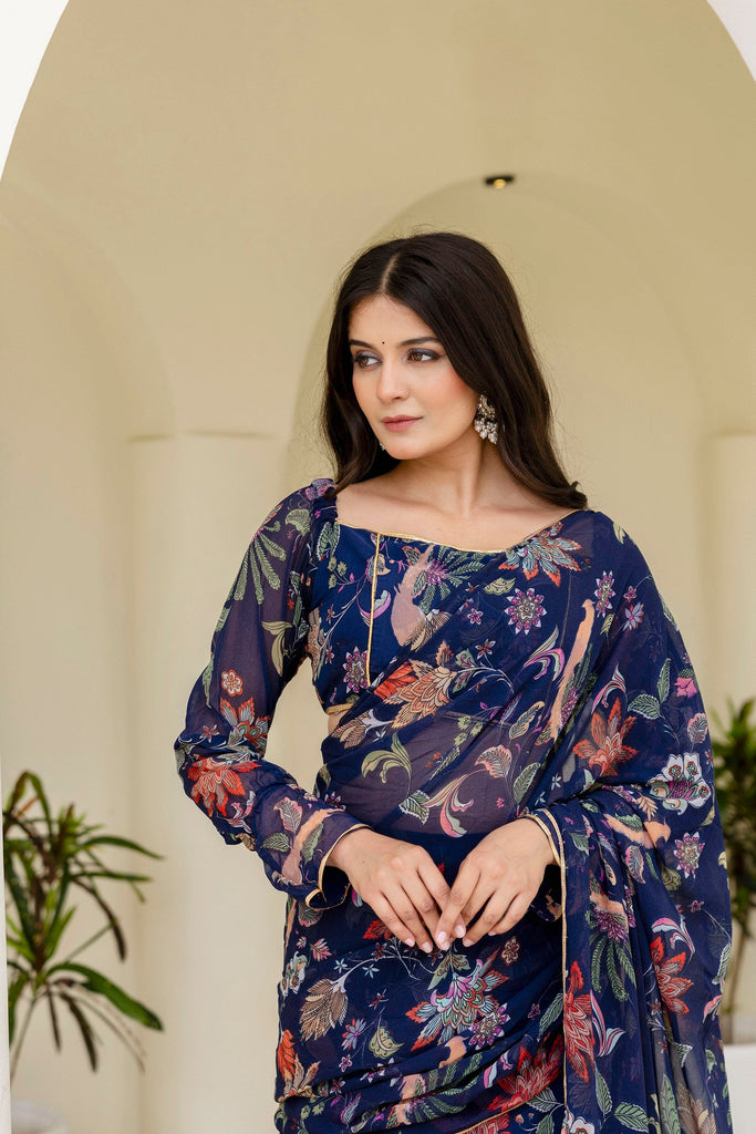 Blue Ready-to-Wear Georgette 3-Layer Ruffle Saree with Floral Digital Print & Lace Border  Stitched Blouse Included ClothsVilla