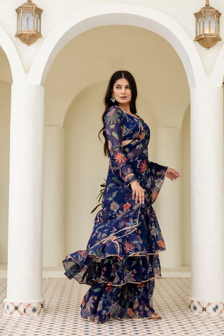 Blue Ready-to-Wear Georgette 3-Layer Ruffle Saree with Floral Digital Print & Lace Border  Stitched Blouse Included ClothsVilla